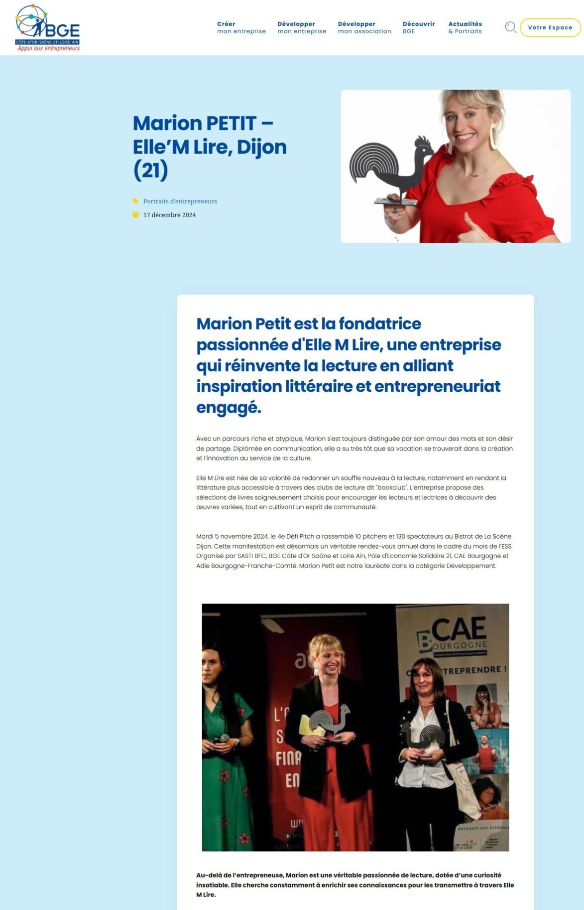 article de BGE Côte-d'Or, Saône-et-Loire et Ain sur Marion Petit et son entreprise Elle M Lire